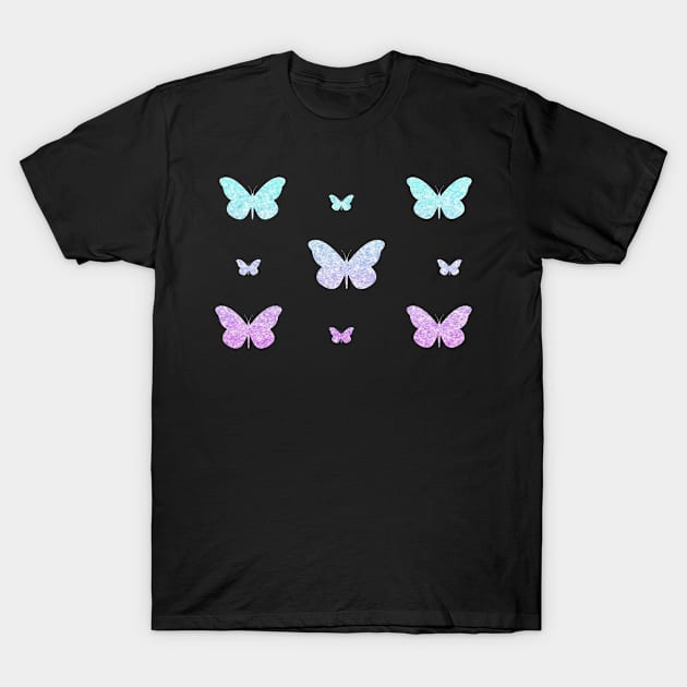 Purple Blue Ombre Faux Glitter Butterflies T-Shirt by Felicity-K